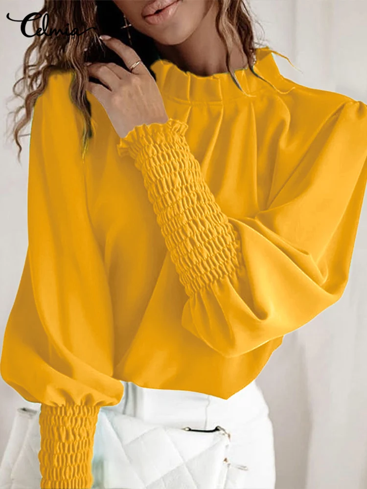 

Celmia Elegant Lady Solid Blouses Fashion Shirred Cuffs Vintage Lantern Sleeve Tunic Tops Women Pleated Stand Collar Chemise