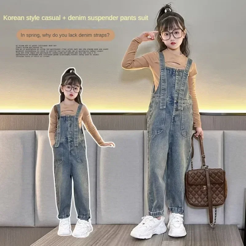 

Girls' Autumn Set Suitable for Children Aged 5-16 Modale Long Sleeve Personalized T-shirt+Strap Jeans Stock Combination Set