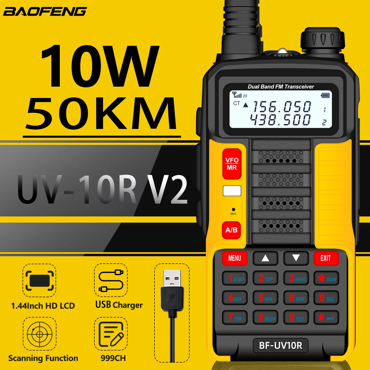 2022 BAOFENG 10W Portable High Power Walkie-Talkie UV-10R 50km  VHF UHF Dual Band Two Way CB Ham Radio Transceiver UV5R Upgraded