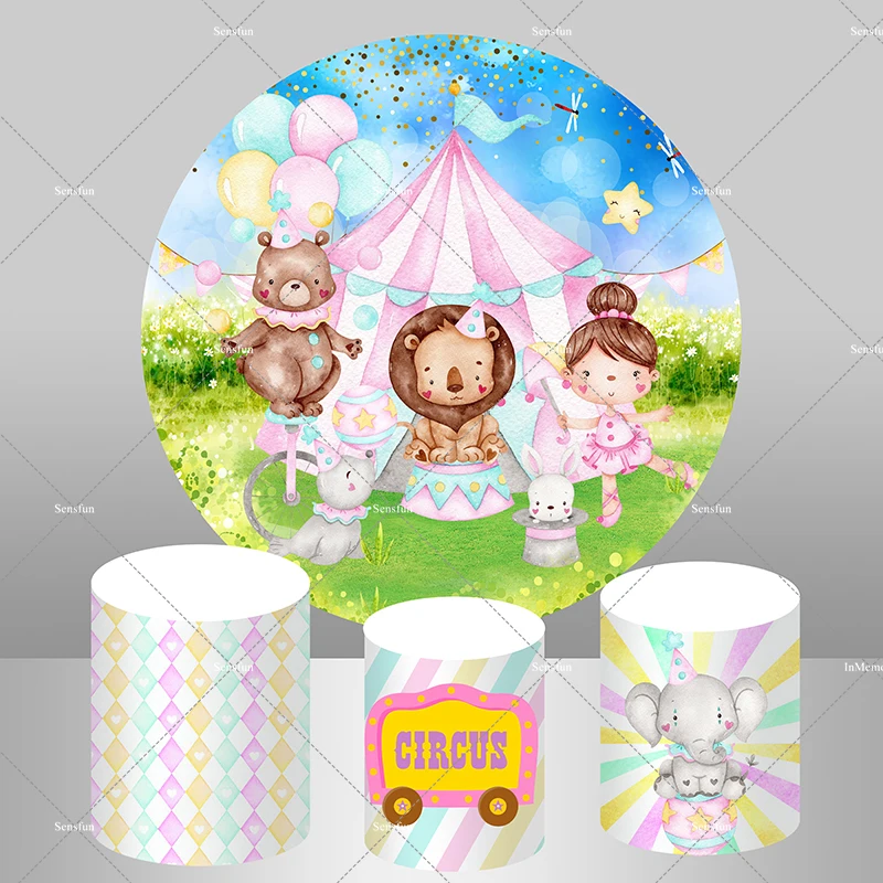 Circus Party Decoration for Girl Birthday Round Backdrop Circle Cover Cartoon Animlas Elephant Cake Table Cylinder Cover