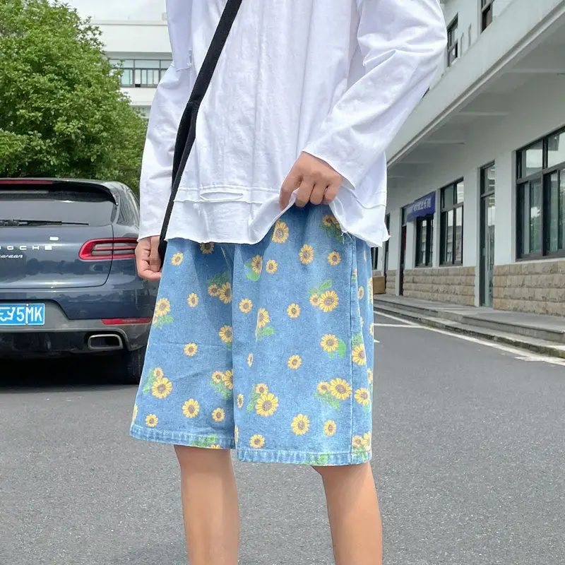 Summer Casual Denim Shorts Men Ins Fashion Printed Baggy Jeans Straight Pants Oversized Bottoms Streetwear Vintage Y2K Clothes