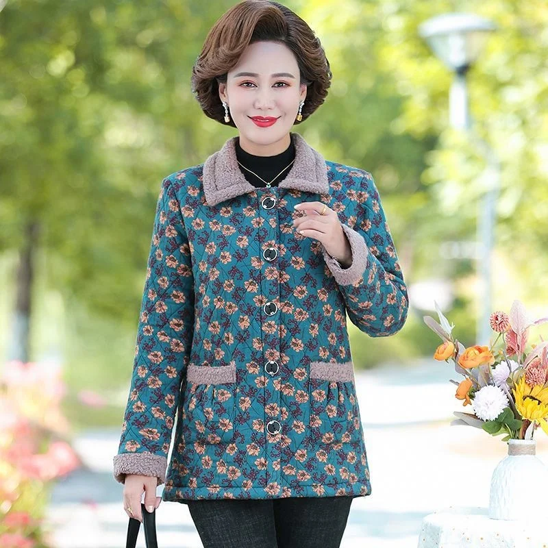 Fleece warm floral cotton jacket short coat for middle-aged female mother in winter