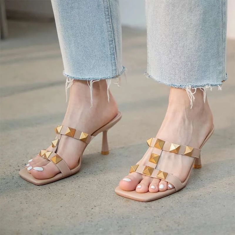 

Rivet PU leather high heels sandals Woman summer 2022 square toe slippers slides Elegant female party designer shoes flip flops