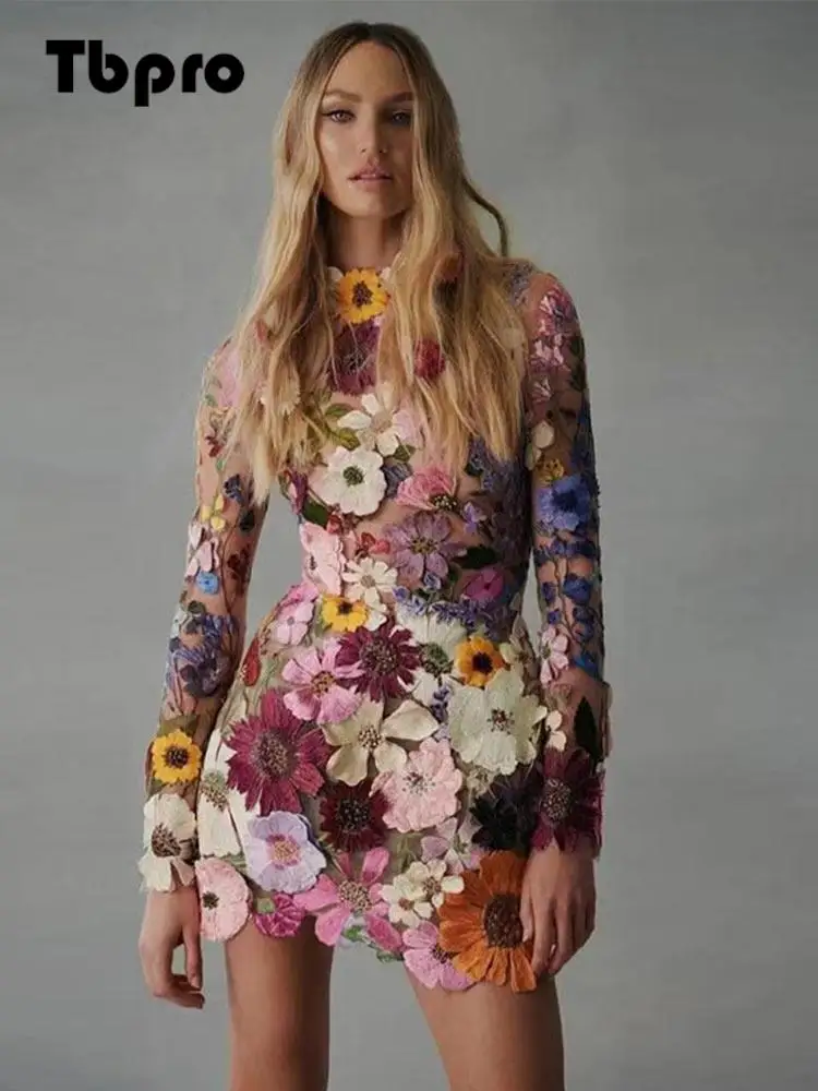 

Женские роскошные строгие платья 2023, элегантное женское вечернее платье с круглым вырезом и длинными рукавами, платья с 3D цветочным кружевом и аппликацией