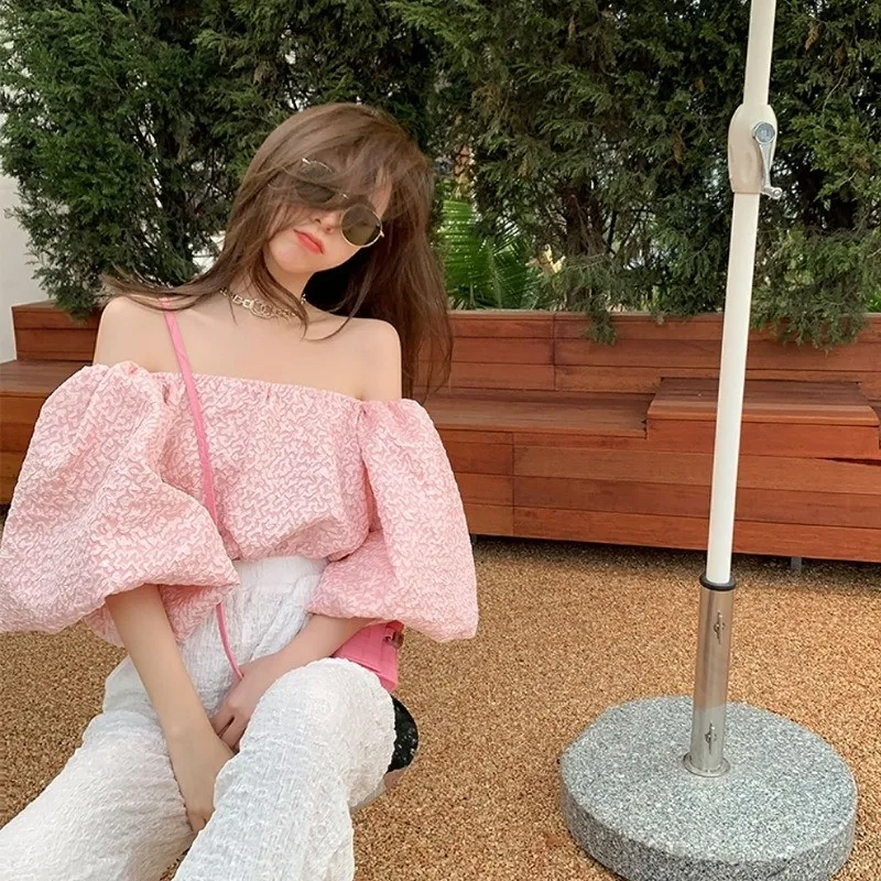 

New Summer Holiday Fashion Pink short Shirt Sexy Girl Slash Neck Strapless crop Top Puff Sleeve Off Shoulder Slim Chic Blouse