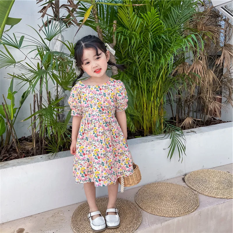 

Baby Girl Princess Cotton Floral Dress Puff Sleeve Infant Toddler Girl Vestido Pastoralism Clothes 1-7Y Slim Waistless Dress