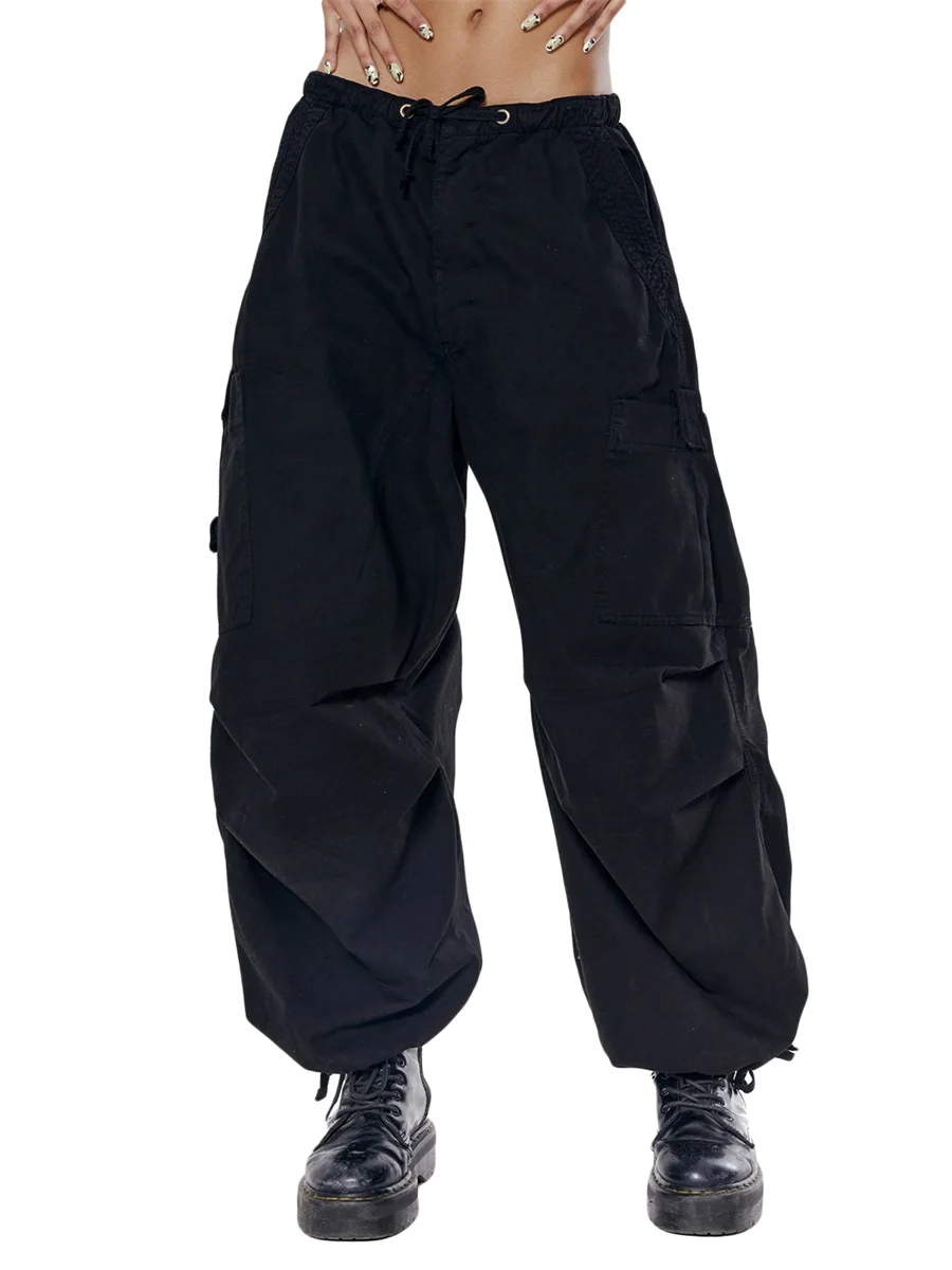 

Womens Baggy Cargo Pants Hip Hop Joggers Sweatpants Loose Drawstring Wide Leg Trousers with Multi Pockets Streetwear