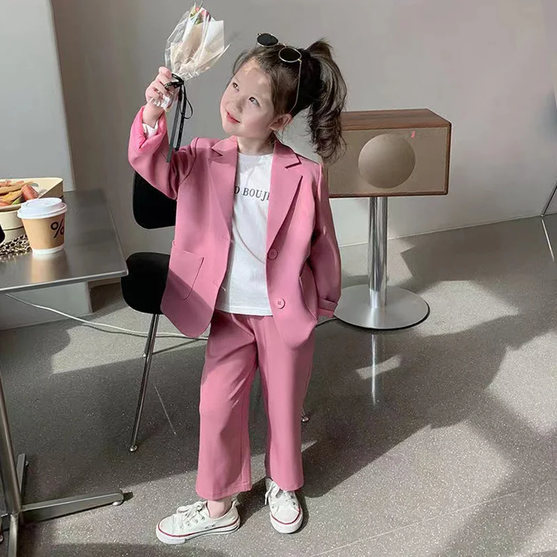 

Spring Autumn Girls 2 Pcs Set Toddler Blazer + Suit Pants Kids Suit Baby Outfit Children Fashion Clothes Pink Solid 2-8Y