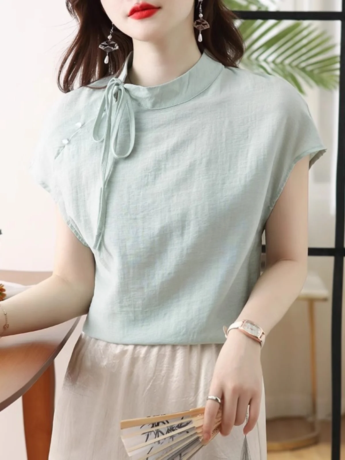 Mint Mambo New Chinese Sle Linen Short sleeve Shirts Women 2024 Summer National Shirt lectual Elegant Top