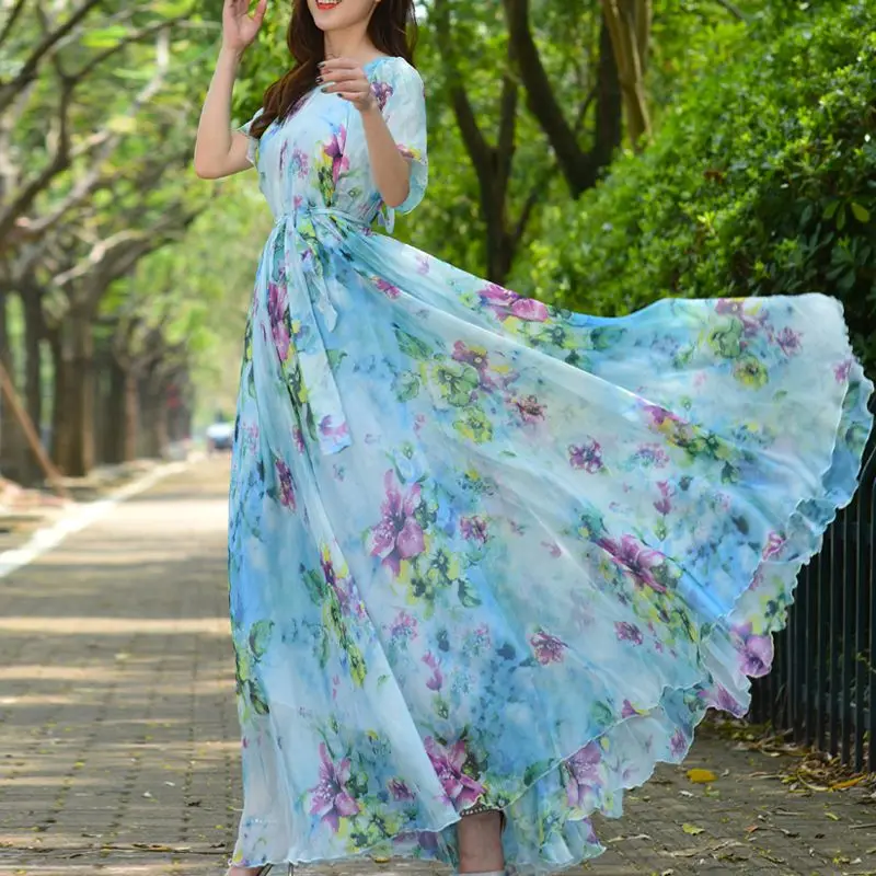 

Maxi Dress Boho Women Flowers Print Holiday New A-line Summer Floral Beach Loose Evening Party Dress Robe Vestidos 2022