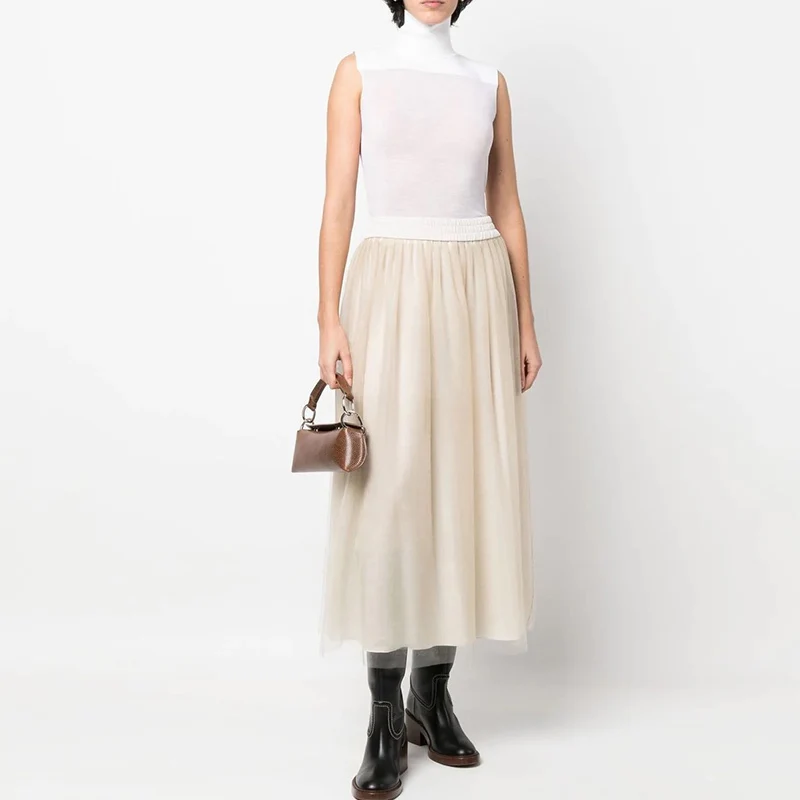 

Женская Однотонная юбка из сетчатой ткани, элегантная повседневная прямая юбка абрикосового цвета с высокой талией, 2023