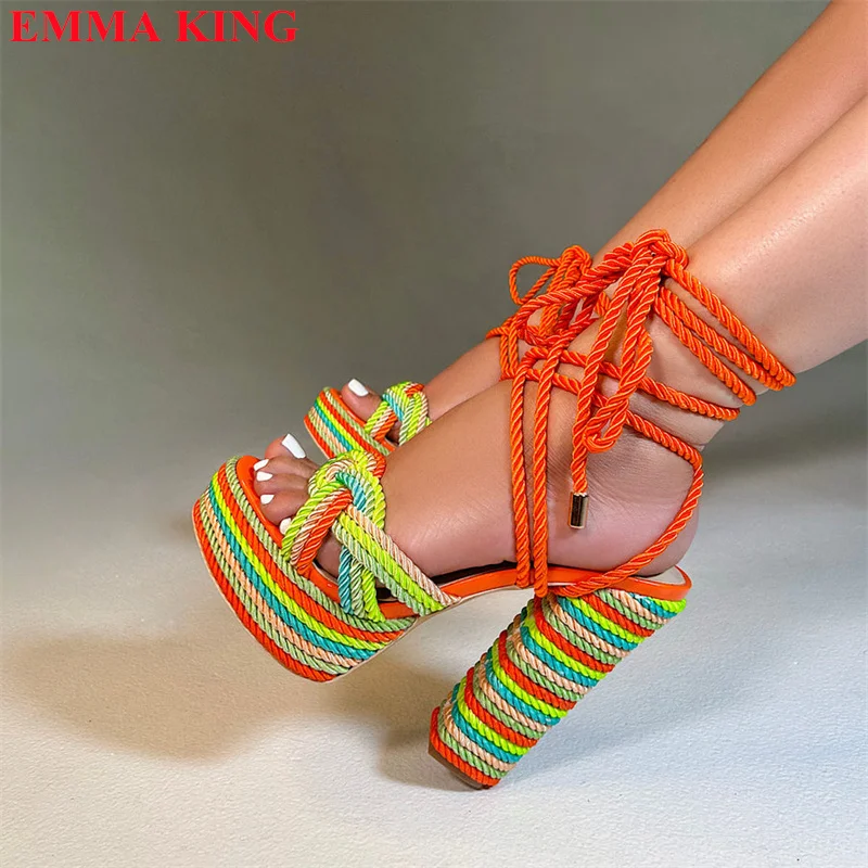 

Summer Rainbow Rope Gladiator Sandals Women Block High Heel Sandals Patchwork Platform Ankle Straps Casual Party Strippers Shoes