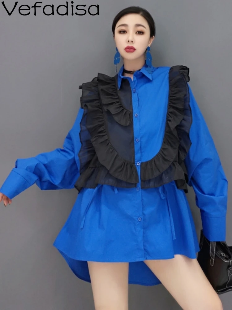

Vefadisa 2023 Autumn Women New Lapel Shirt Loose Mesh Ruffle Splicing Color Blocking Temperament Leisure Shirt Women's LHX3888