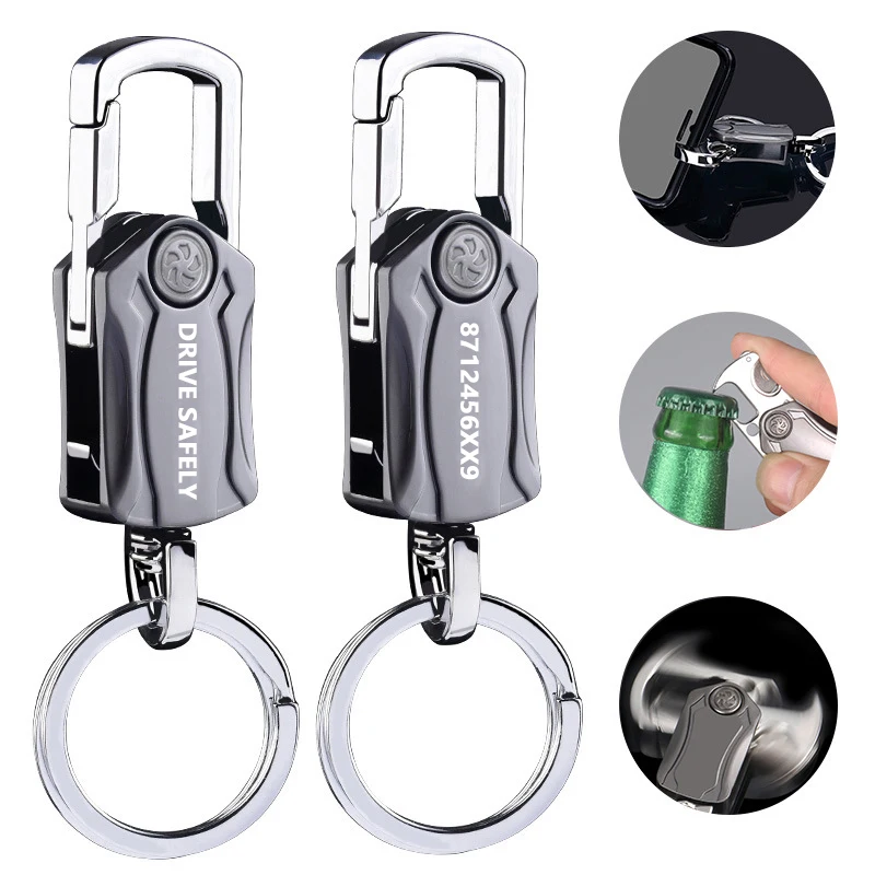 

Custom Lettering Keychains 4-in-1 Heavy Duty Key Chain Anti-Anxiety Rotatable Keyring Box Cutter Phone Holer Bottle Opener Keych