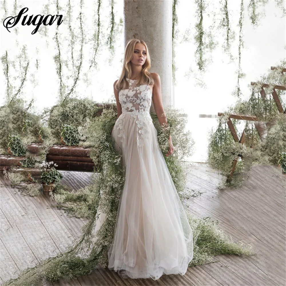 Купи Elegant Fairy Wedding Dress Summer 2023 A-Line Spaghetti Straps Appliques Tulle Sweep Train Bridal Gown Vestidos De Noiva за 4,740 рублей в магазине AliExpress
