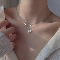 new dainty butterfly pendant necklace for women punk silver color double layer chain korean cute choker fashion jewelry 2022