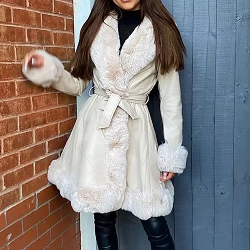 

Elina PU Leather Long Jackets Women Fashion Tie Belt Waist Coats Women Elegant Side Pockets Faux Fur Jackets Female Ladies