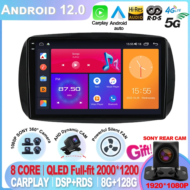 

For Mercedes Smart 453 fortwo 2014 - 2020 Android 12 2din Car Autoradio Scree Multimedia Player GPS 1280*720 WIFI 4G RDS Carplay