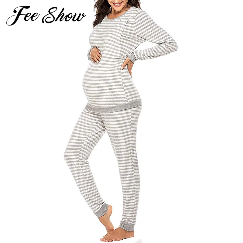 

Pregnant Women Postpartum Breast-feeding Casual Suit Long Sleeves Stripes Print Tops and Pants Set Maternity Loungewear Set