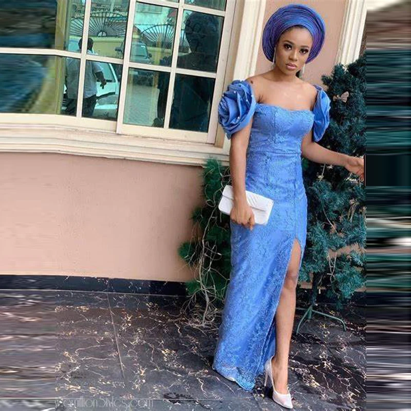 

Lace Aso Ebi Mermaid Prom Dresses With Flowers On Shoulder Beads Side Split Evening Dress For African Women robes de soirée
