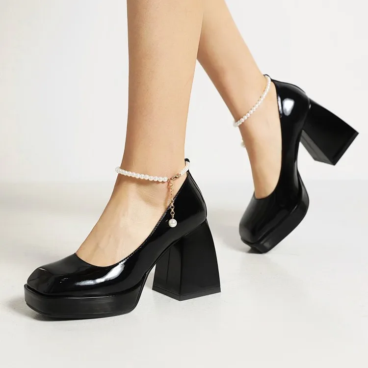 

New Big Size 2022 Spring Platform Square High Heel Design Female Beads Ankle Strap Elegant Ladies Party Sexy Women's Pumps A0003
