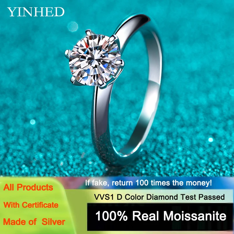 

YINHED Classic 6 Prongs 2CT Round Moissanite Diamond Solitaire Ring 925 Sterling Silver Plating Platinum PT950 Engagement Ring