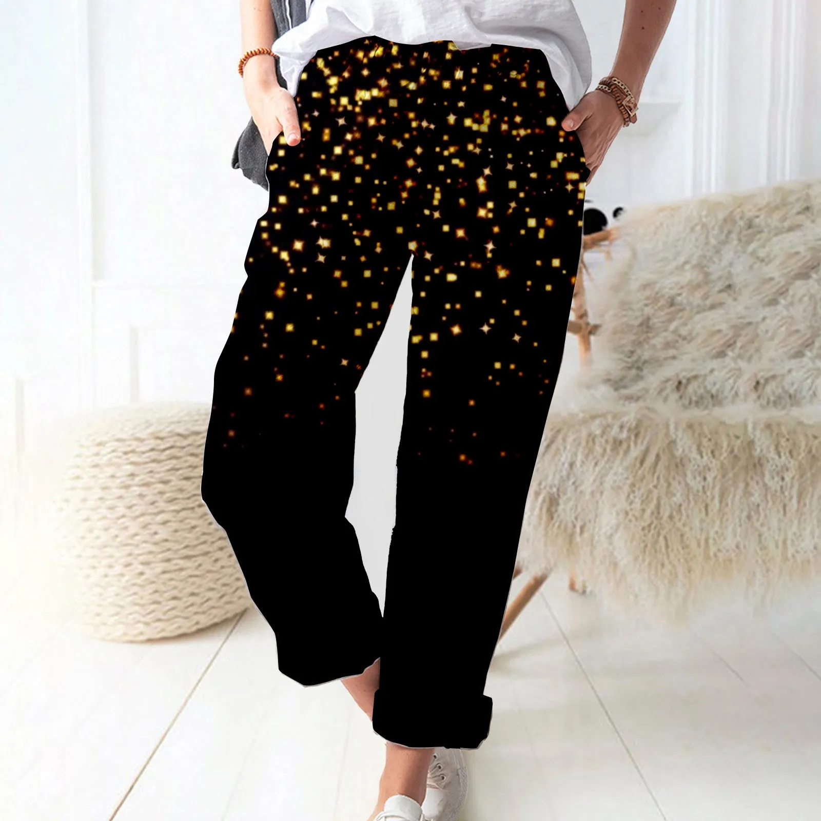 

Women's Printed Cotton And Linen Pockets Casual Fashion Pants Cropped Pants
