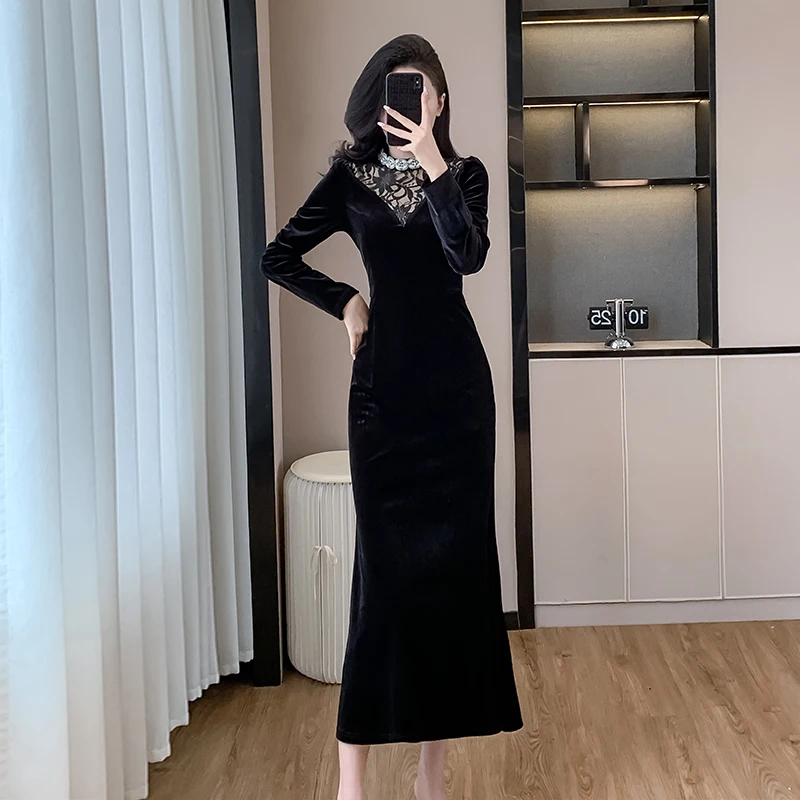 2024 новое элегантное зимнее велюровое платье-русалка миди для женщин