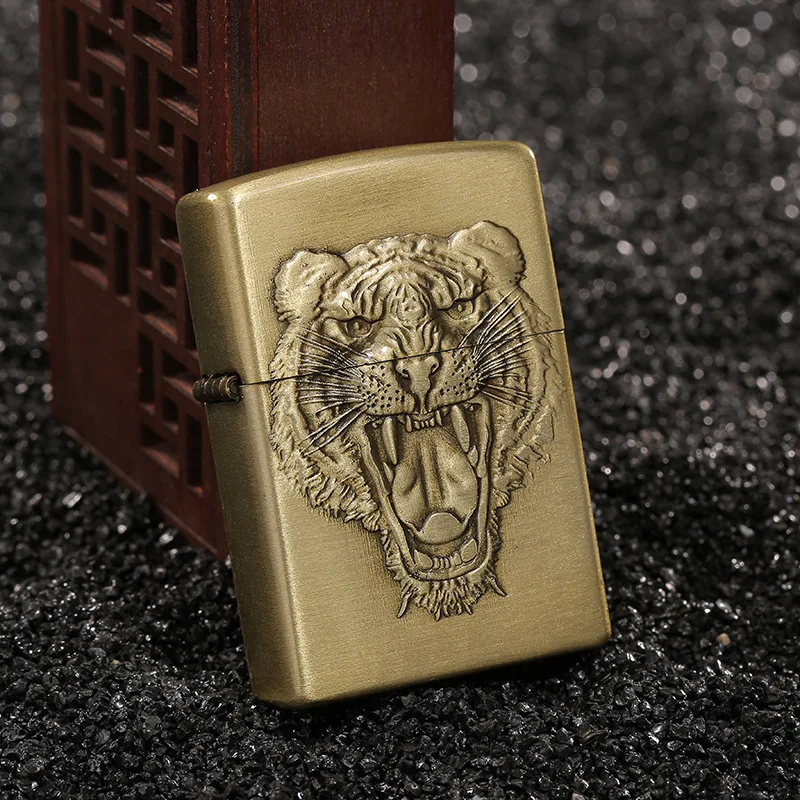 

Tiger Head 3D Relief Outside Alloy Protect Case Metal Replace Shell For Kerosene Gasoline Lighter No Liner Cover Smoking Gadgets