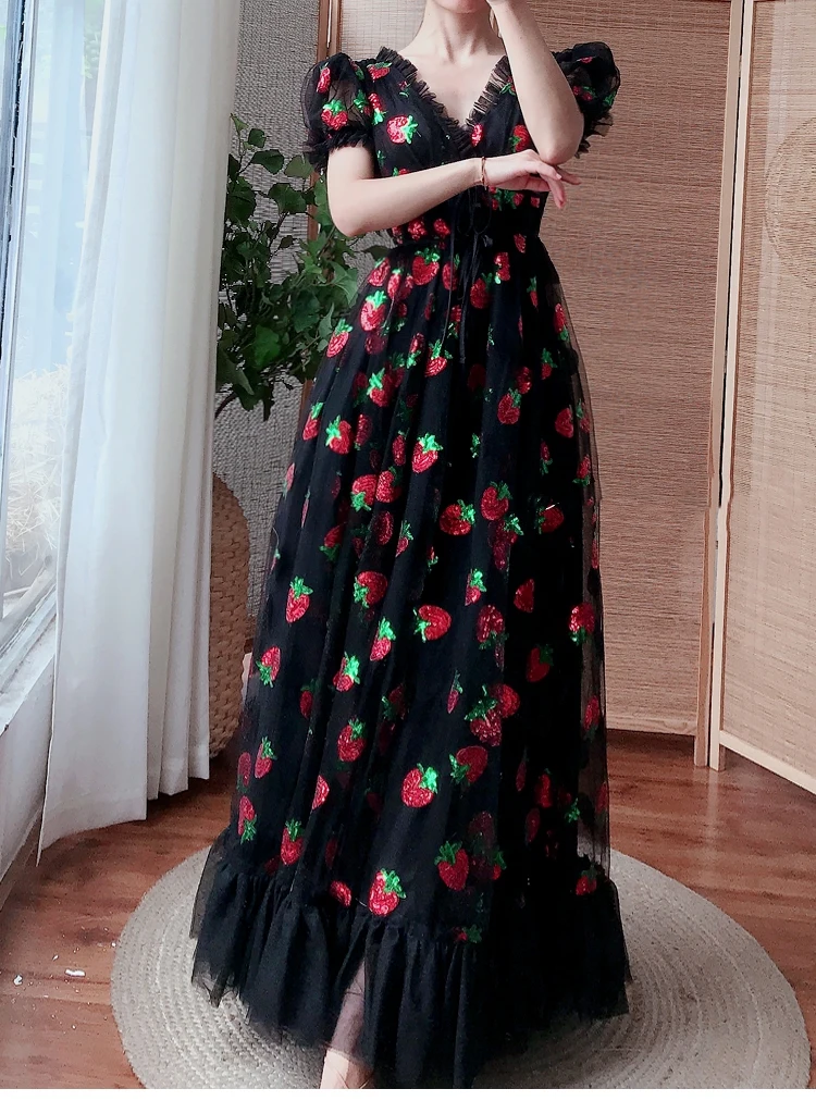 

Платье женское длинное Сетчатое с блестками, элегантное пикантное клубничное Платье оверсайз с высокой талией и вышивкой, с завязкой, с V-образным вырезом