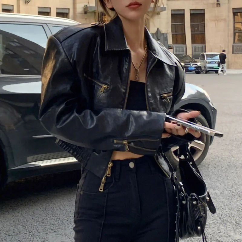 Women Fashion Leather Biker Jacket Full Sleeve Turn Down Collar Zipper Motocycle Genuine Leather TF5287