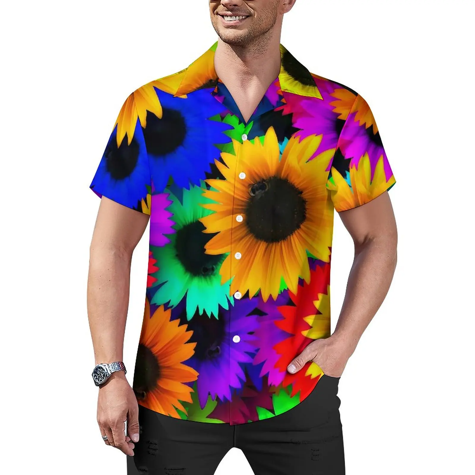 

Colorful Sunflower Blouses Men Flowers Print Casual Shirts Hawaiian Short Sleeve Graphic Aesthetic Oversized Beach Shirt Present