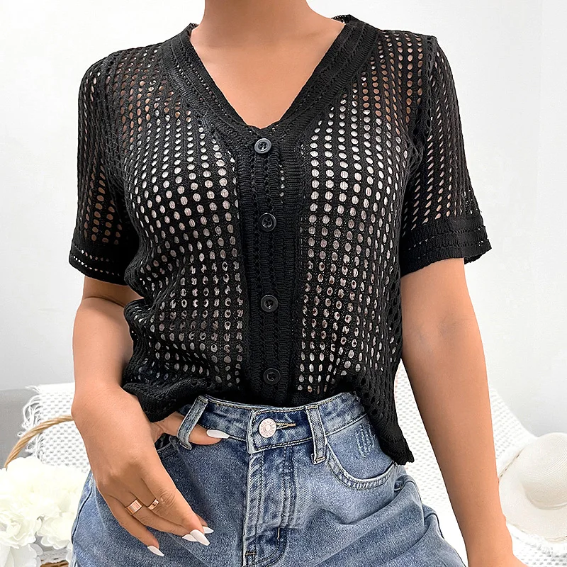 

Women's Blouse 2023 Spring Summer New Hollow Out V-neck Shirt Short Sleeve Casual Striped Spliced Knit Single Breasted Cardigan