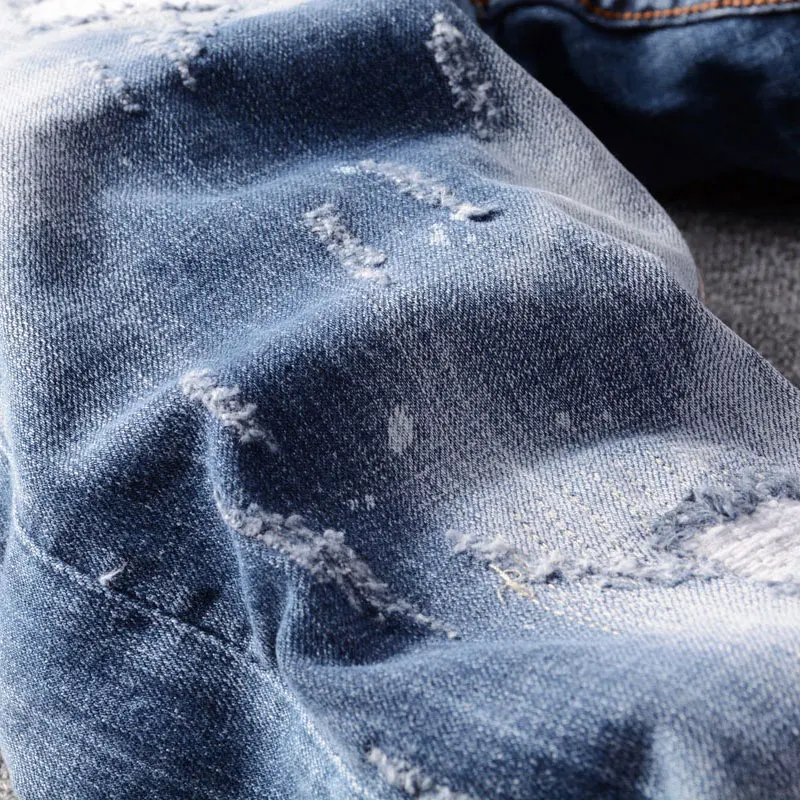 Streetwear Fashion Men Jeans Retro Blue Stretch Slim Fit Vintage Patched Ripped Jeans Men Printed Designer Hip Hop Pants Hombre
