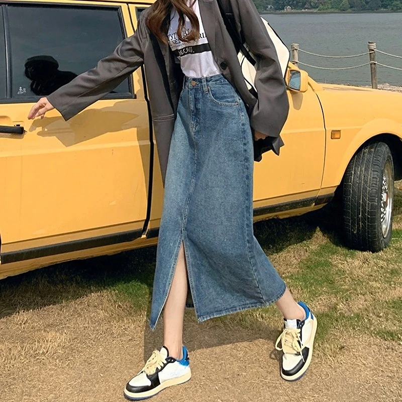 

2023 Spring High Waist Slit A-line Falda Aesthetic Denim Women Skirt Solid Color Japanese Versatile Streetwear Long Skirts