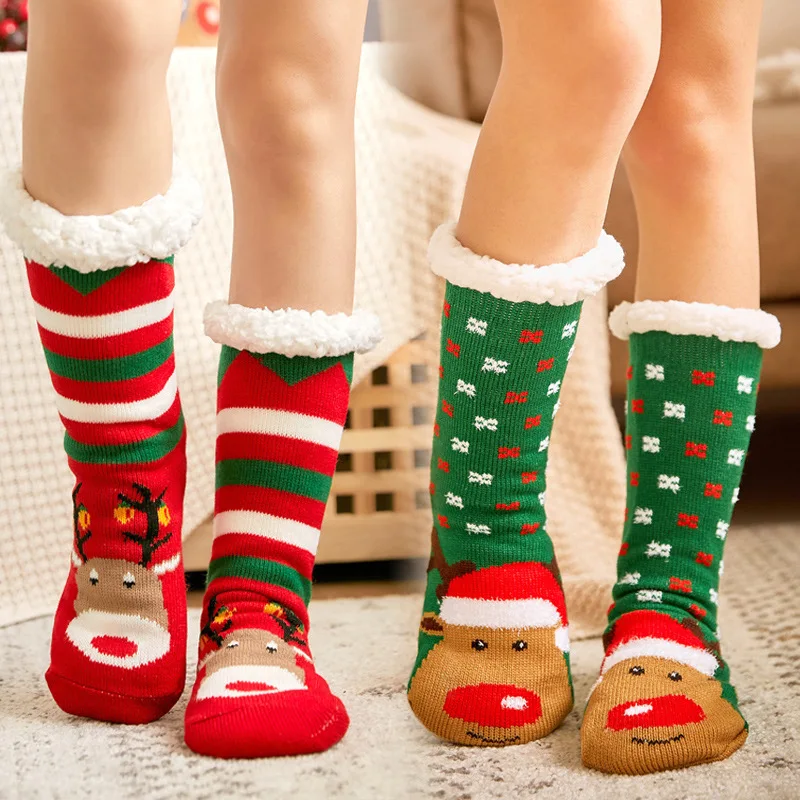 Womens Fuzzy Sock sheep Christmas Soft Female Home Indoor winter Warm Plush Bedroom Silicone Non-slip Grip Thermal Slipper Socks
