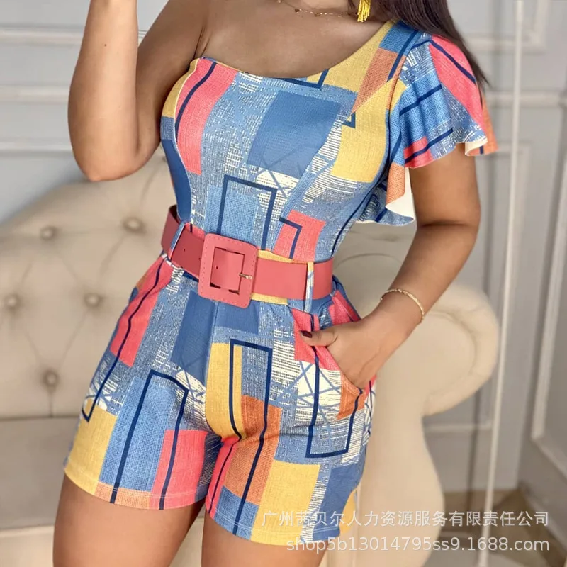 

Abstract Print One Shoulder Skinny Romper Women Playsuits Spring Summer Short Sleeve Sexy High Waist Pants Playsuit