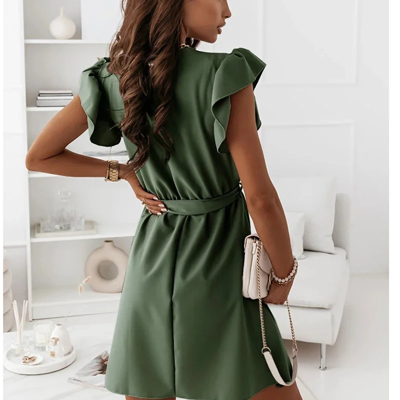 Летняя простая юбка с оборками женское однотонное платье V-образным вырезом и