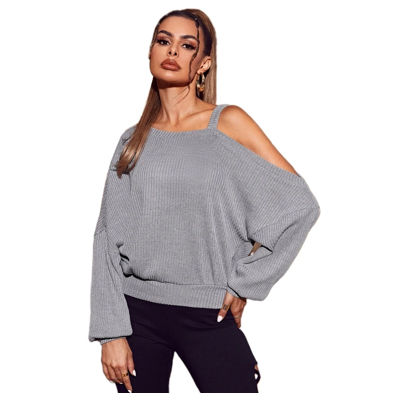

Women Long Sleeve Sexy One Cold Shoulder Shirts Irregular Oblique Neck Solid Color Ribbed Loose Blouse Pullover Top P8DB