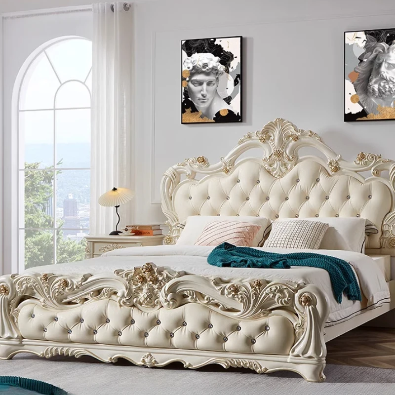 Дворцовая двуспальная эстетичная кровать из массива дерева кожаная европейская