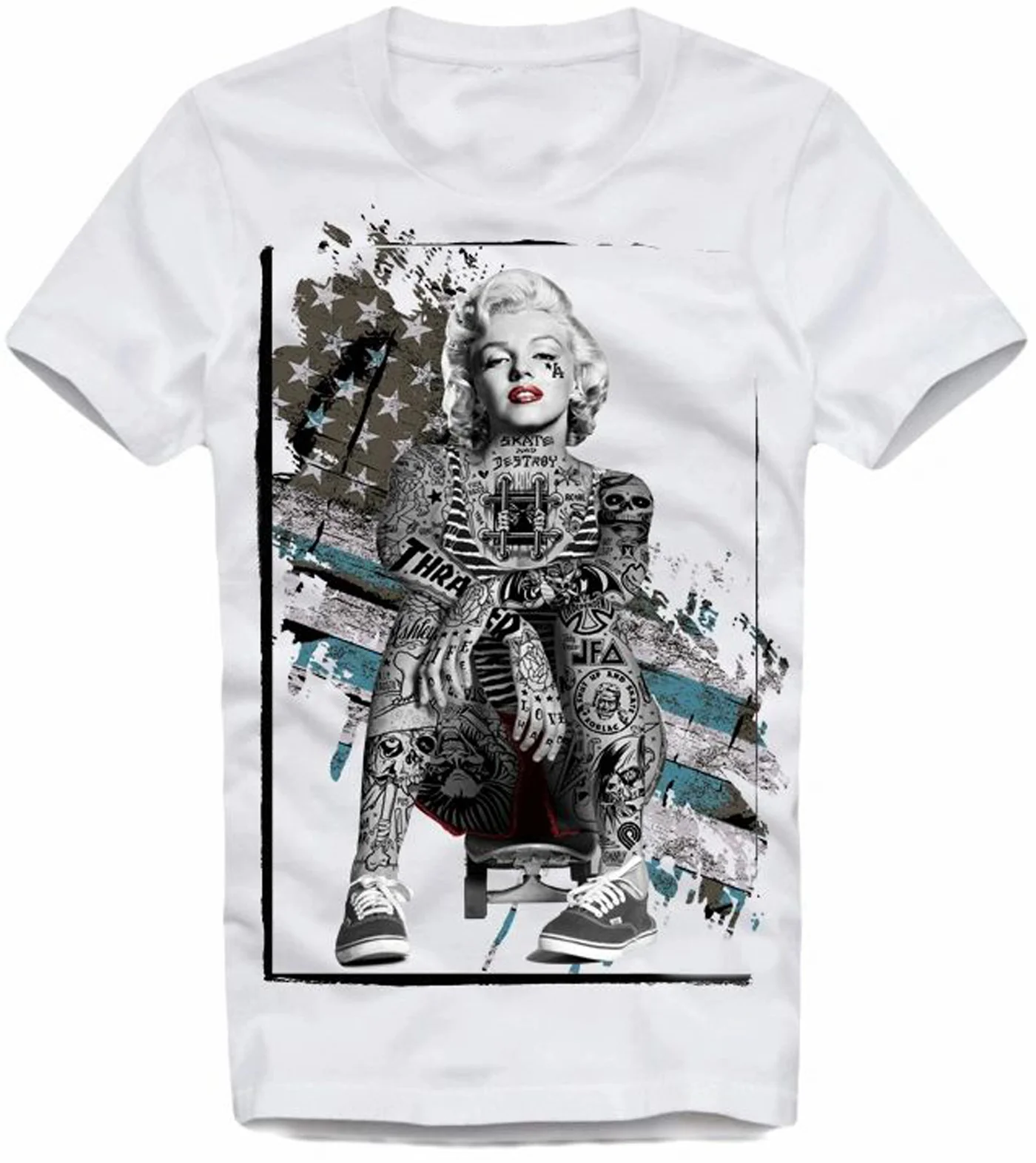 

Creative Design Longboard Skater Marilyn Monroe Tattoo T-Shirt. Summer Cotton Short Sleeve O-Neck Mens T Shirt New S-3XL