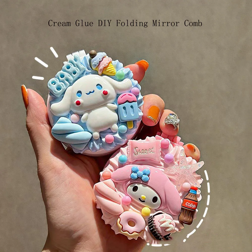 

Sanrio Kawaii Anime Character My Melody Cinnamoroll Makeup Mirror Portable Folding Mirror Comb Ladies Student Creative Gift