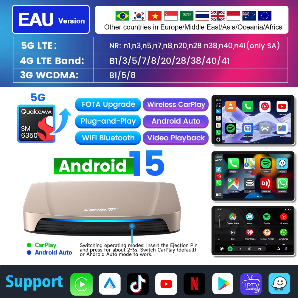 

Беспроводной адаптер Carlinkit Android Auto 256G CarPlay TV Box Android 15 Ultra CarPlay Ai Box GPS QCM6350 для Youtube Netflix IPTV