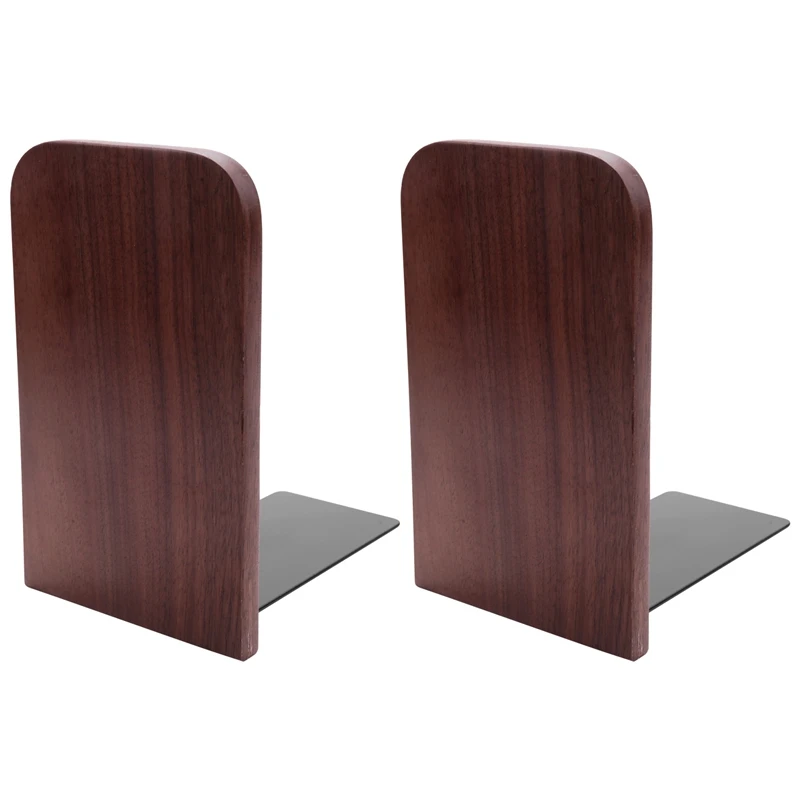 

2Pcs Wooden Bookends With Metal Base Heavy Duty Black Walnut Book Stand With Anti-Skid Dots For Office Desktop Or Shelves
