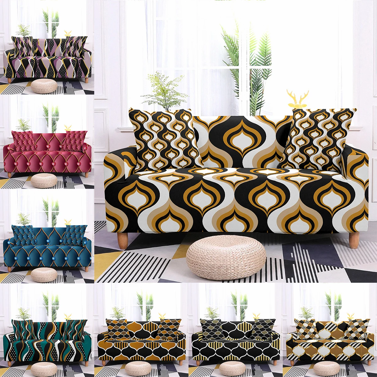

3D Geometry Printed Elastic Sofa Slipcovers Stretch Sofa Cover for Living Room Sectional Corner Couch Cover 1/2/3/4 Seater