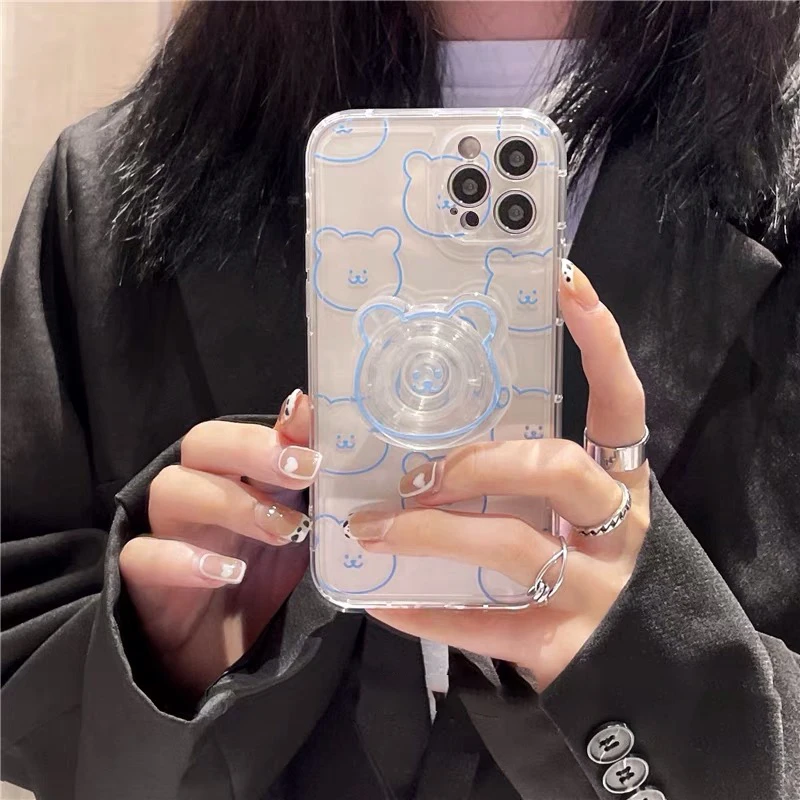 

INS Korean Cute Bear Bracket Phone Case For iPhone 11 12 13 Pro XS Max X XR 7 8 Plus Stand Holder Soft TPU Protection Back Cover