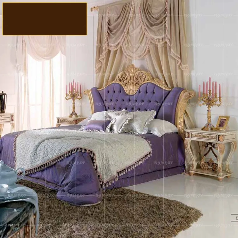

Мебель в европейском стиле, неоклассическая кровать принцессы из цельной древесины, Роскошная ткань, мягкая сумка, двуспальная кровать из золотой фольги для основной спальни