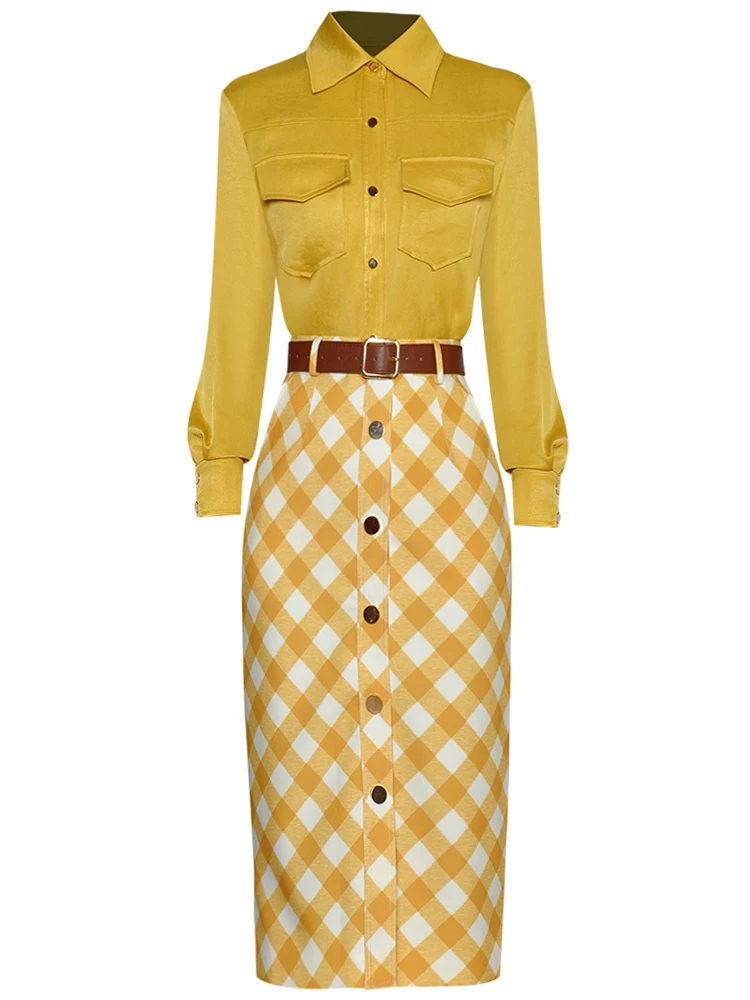 

Runway Spring Autumn New Designer Long Sleeve Shirt Tops Belt Casual Plaid Skirt Elegant High Quality Fashion Office Women's Set