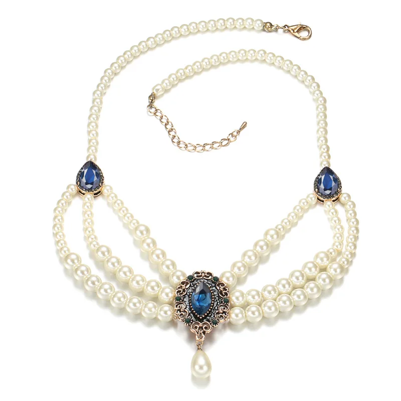 

New Arabian Wedding Jewelry Crystal Forehead Pearl Chain Water Drop Headdress Necklace Lady's Party Gift, Free Shipping