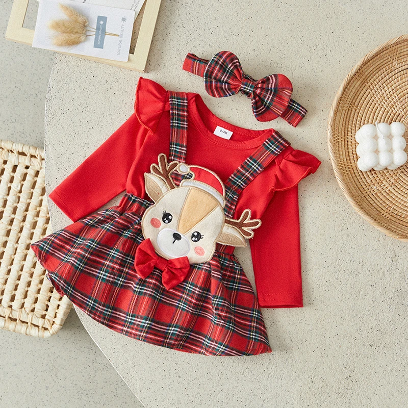 

Suefunskry Infant Baby Girl Christmas 3Pcs Outfit Ruffled Long Sleeve Romper A-Line Elk Embroidery Plaid Skirt Bow Headband Set